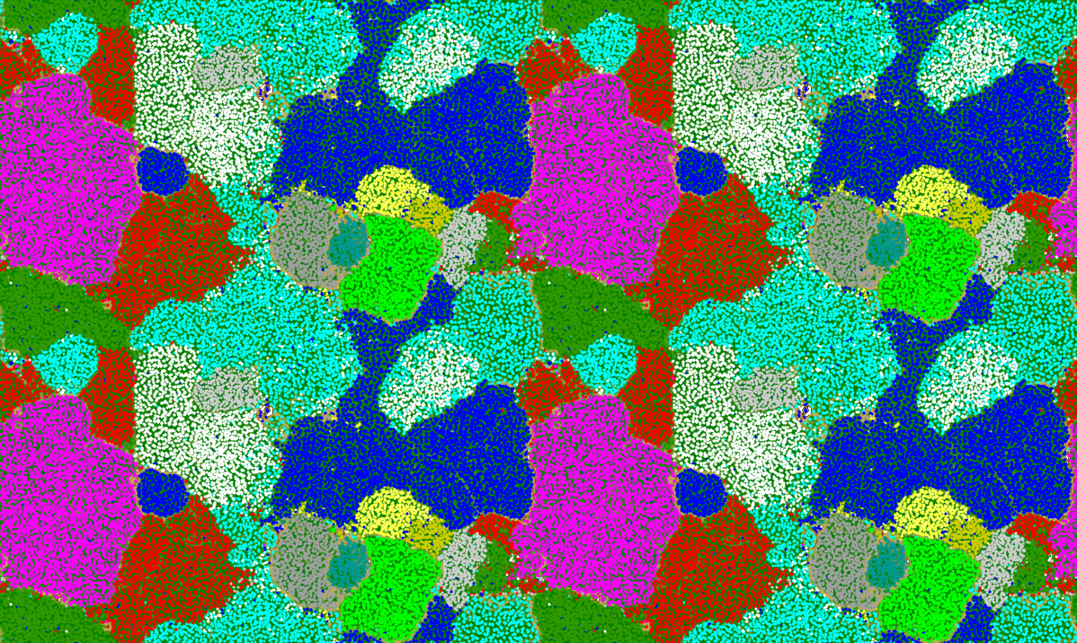 An Emergent Self-Organizing Map (ESOM) of *Zetaproteobacteria* (marine iron-oxidizing bacteria) genomes. Each color is a distinct genome. The map is toroidal, meaning the edges of the 2D grid wrap around—-top connects to bottom, & left connects to right—-forming a torus (doughnut shape). This eliminates artificial border distortions.